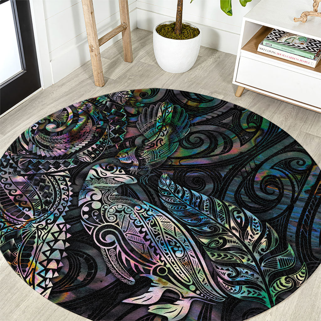 Aotearoa Moko Tribal Tattoo Round Carpet New Zealand Maori Penguin and Fantail Paua Shell Style LT03 Multicolor - Polynesian Pride
