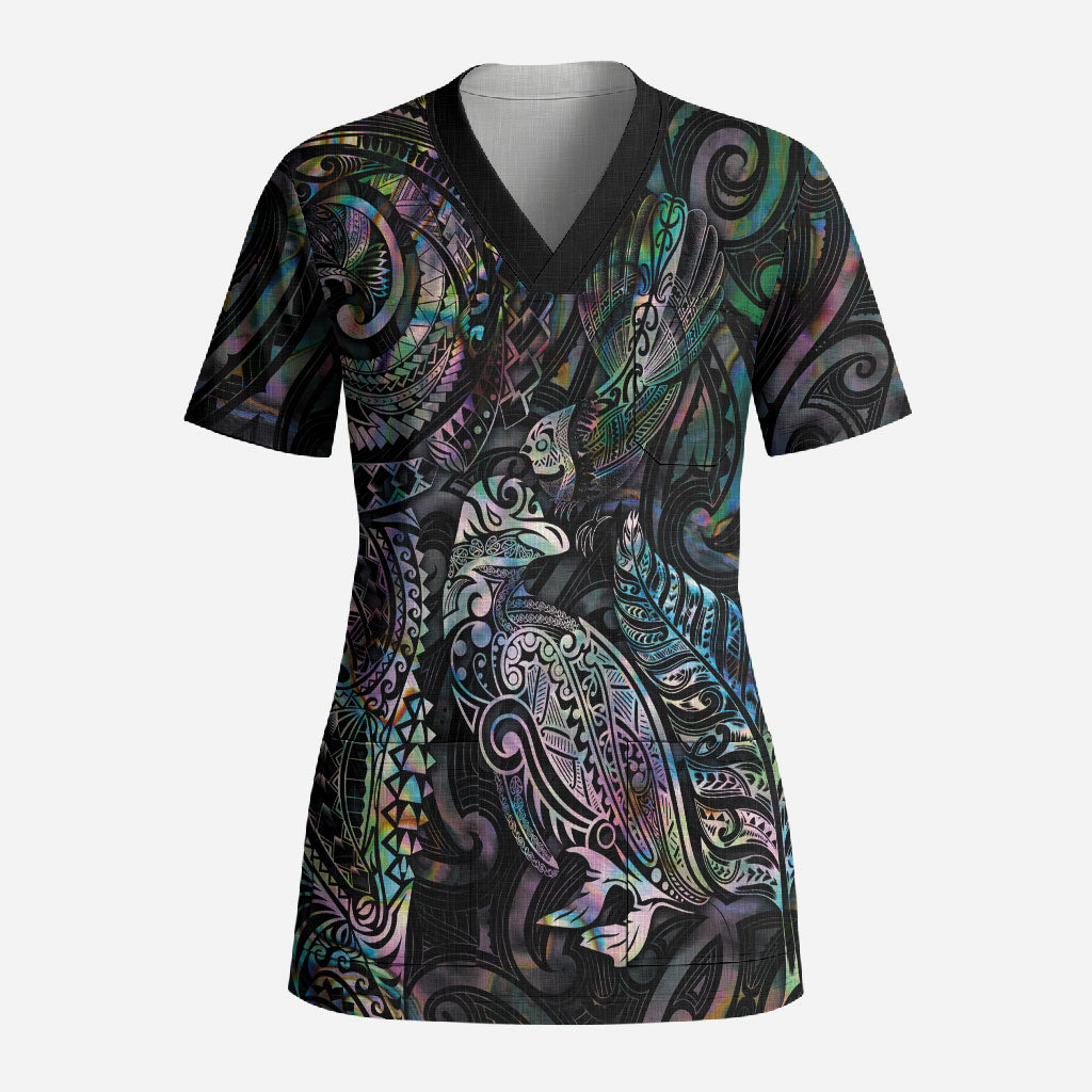 Aotearoa Moko Tribal Tattoo Scrub Top New Zealand Maori Penguin and Fantail Paua Shell Style
