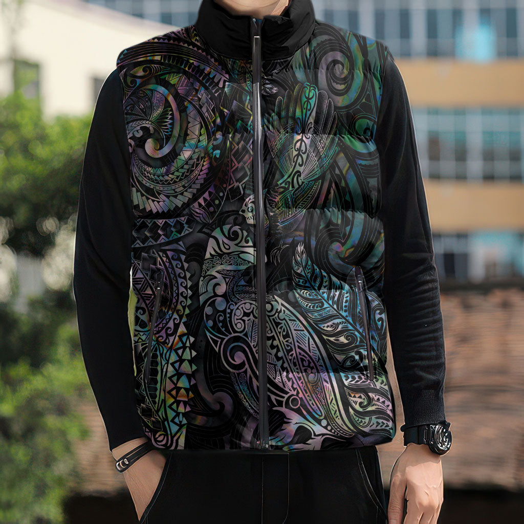 Aotearoa Moko Tribal Tattoo Sleeveless Puffer Jacket New Zealand Maori Penguin and Fantail Paua Shell Style LT03 - Polynesian Pride