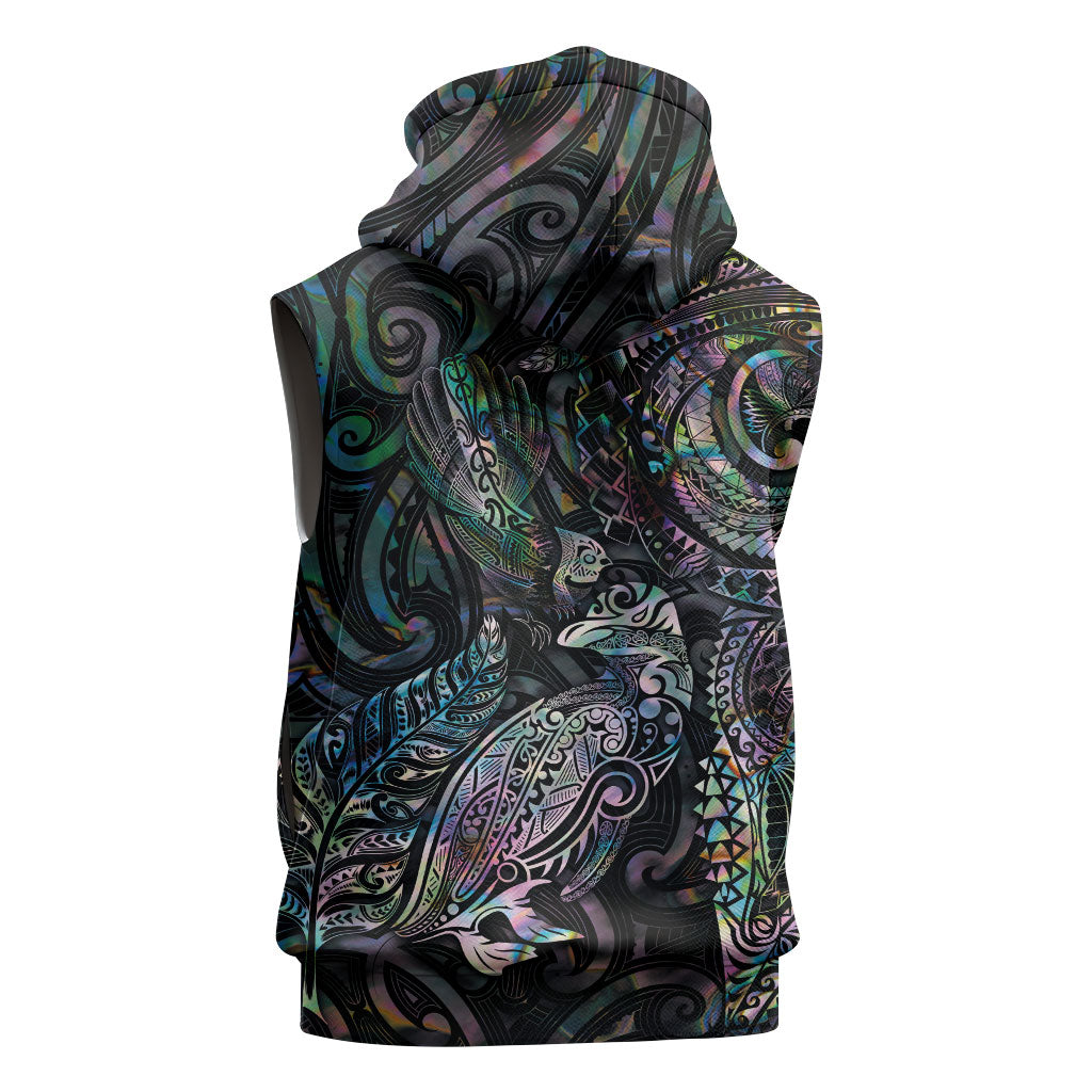 Aotearoa Moko Tribal Tattoo Sleeveless Zip Hoodie New Zealand Maori Penguin and Fantail Paua Shell Style LT03 - Polynesian Pride