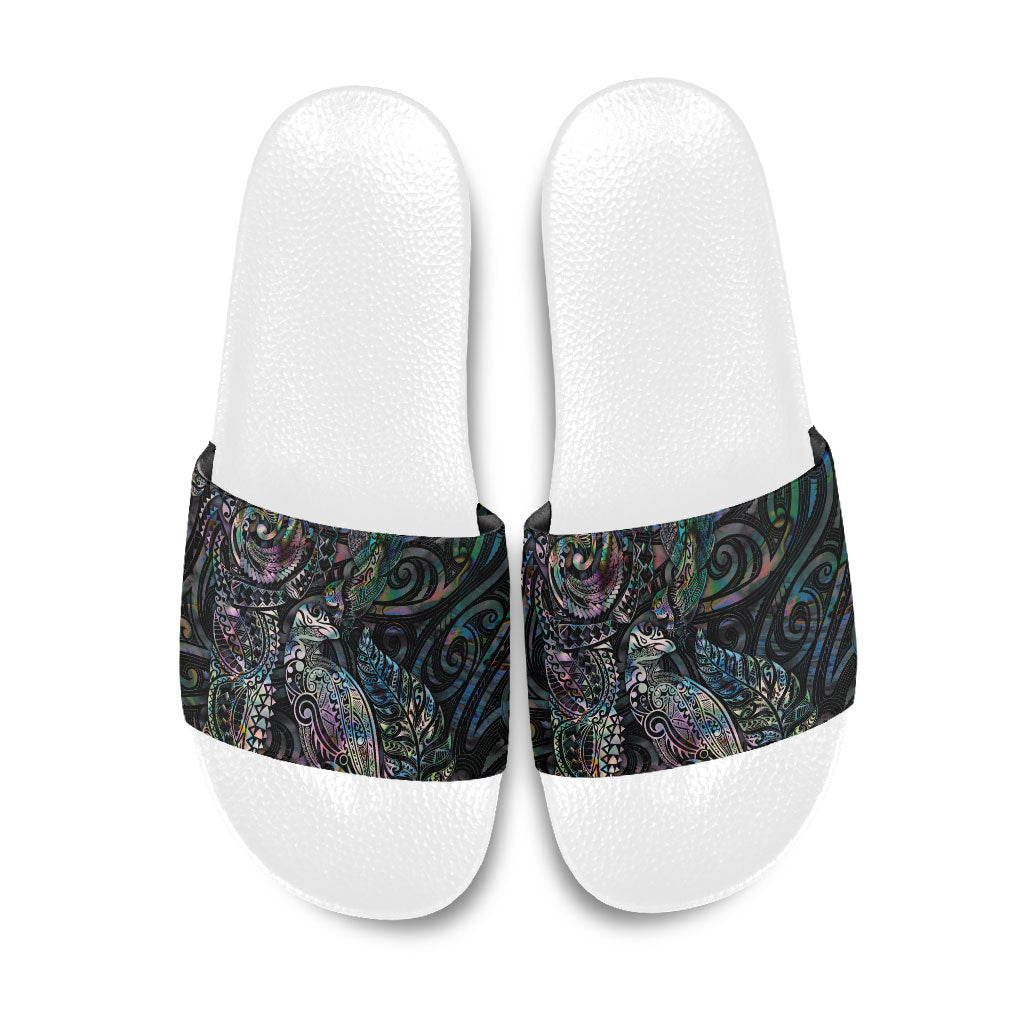 Aotearoa Moko Tribal Tattoo Slide Sandals New Zealand Maori Penguin and Fantail Paua Shell Style LT03 Multicolor - Polynesian Pride