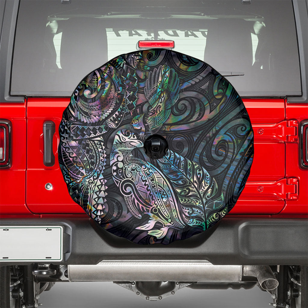 Aotearoa Moko Tribal Tattoo Spare Tire Cover New Zealand Maori Penguin and Fantail Paua Shell Style LT03 - Polynesian Pride