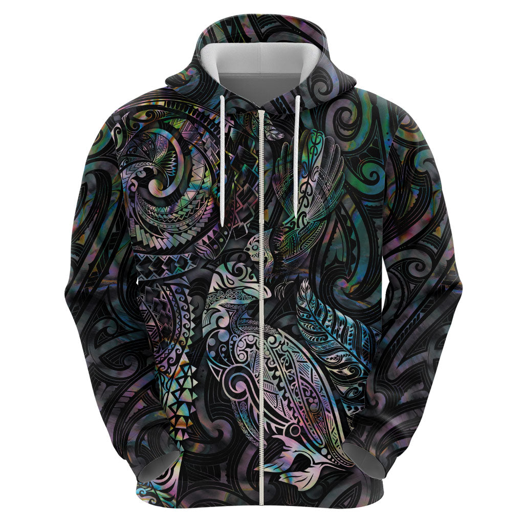 Aotearoa Moko Tribal Tattoo Zip Hoodie New Zealand Maori Penguin and Fantail Paua Shell Style LT03 - Polynesian Pride