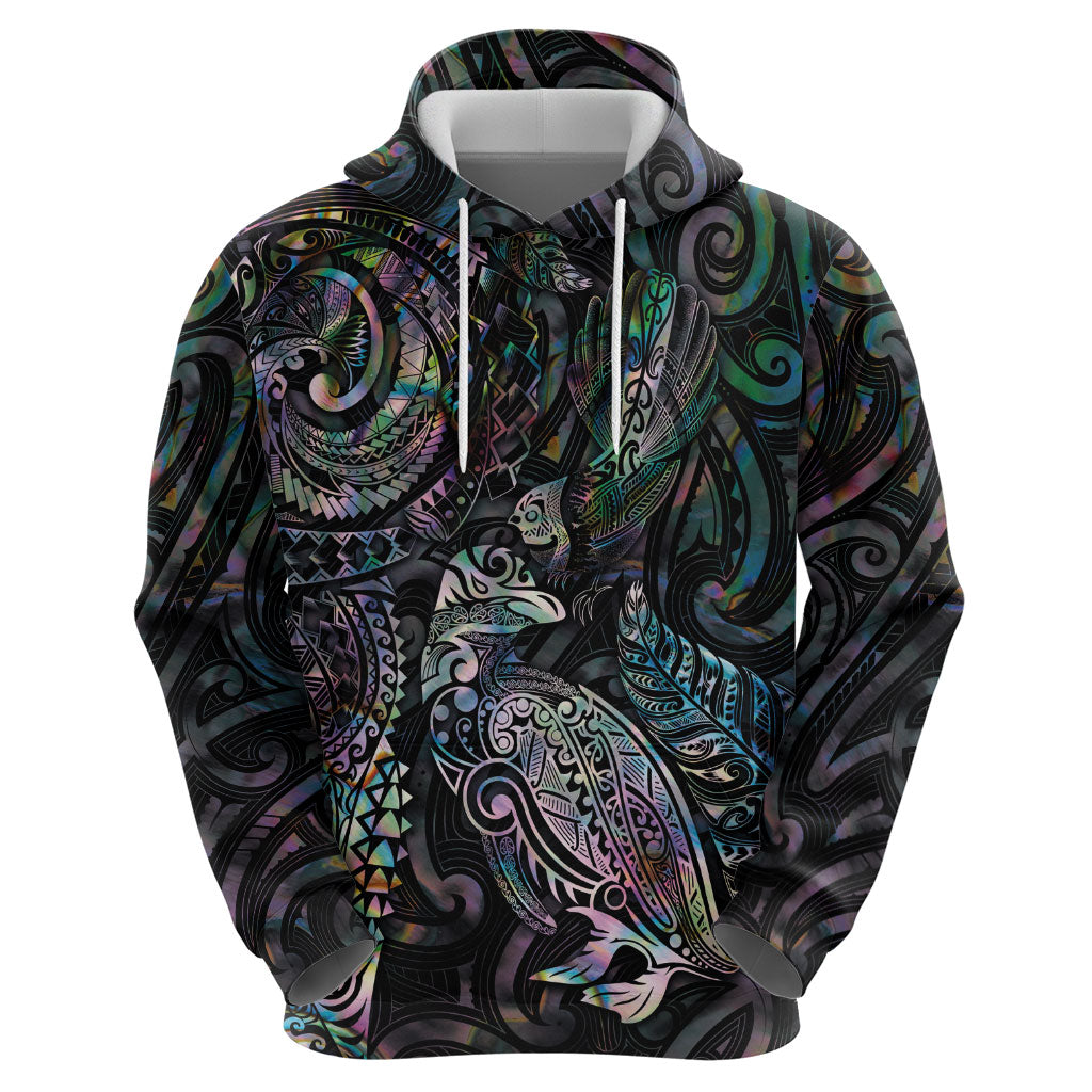 Aotearoa Moko Tribal Tattoo Zip Hoodie New Zealand Maori Penguin and Fantail Paua Shell Style LT03 - Polynesian Pride