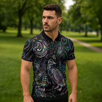 Aotearoa Moko Tribal Tattoo Zipper Polo Shirt New Zealand Maori Penguin and Fantail Paua Shell Style LT03 - Polynesian Pride