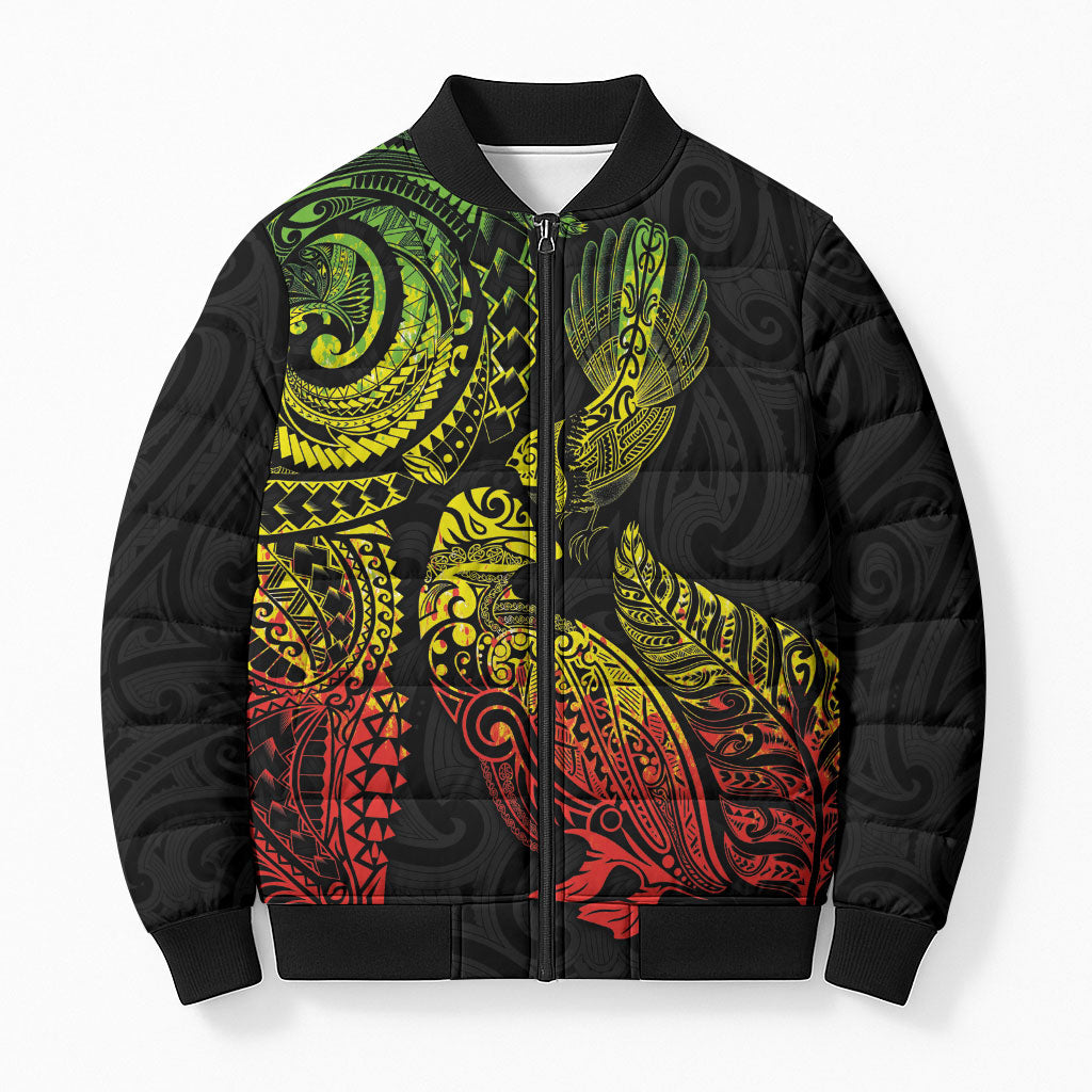 Aotearoa Moko Tribal Tattoo Bomber Puffer Jacket New Zealand Maori Penguin and Fantail Reggae Style LT03 Unisex Multicolor - Polynesian Pride