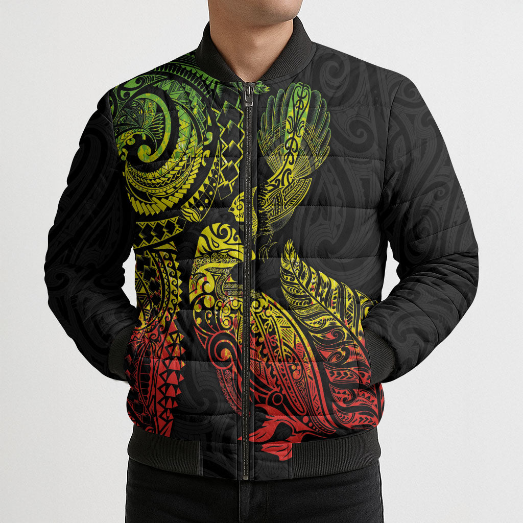 Aotearoa Moko Tribal Tattoo Bomber Puffer Jacket New Zealand Maori Penguin and Fantail Reggae Style LT03 - Polynesian Pride