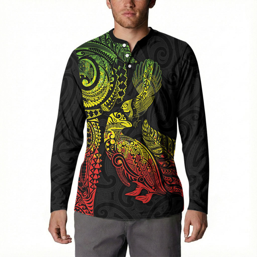 Aotearoa Moko Tribal Tattoo Button Sweatshirt New Zealand Maori Penguin and Fantail Reggae Style LT03 - Polynesian Pride