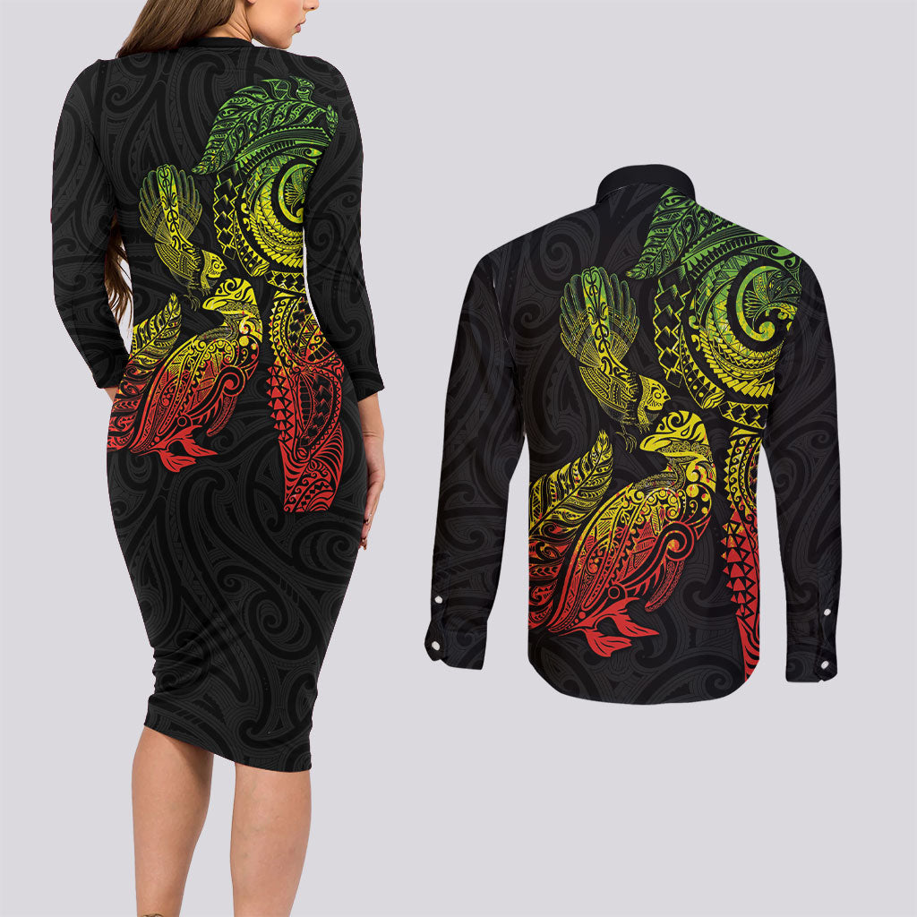 Aotearoa Moko Tribal Tattoo Couples Matching Long Sleeve Bodycon Dress and Long Sleeve Button Shirt New Zealand Maori Penguin and Fantail Reggae Style LT03 - Polynesian Pride