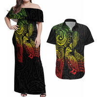 Aotearoa Moko Tribal Tattoo Couples Matching Off Shoulder Maxi Dress and Hawaiian Shirt New Zealand Maori Penguin and Fantail Reggae Style LT03 Multicolor - Polynesian Pride