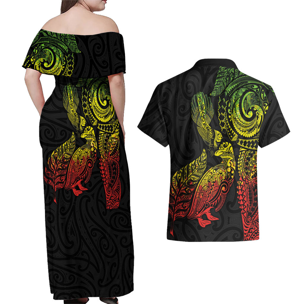 Aotearoa Moko Tribal Tattoo Couples Matching Off Shoulder Maxi Dress and Hawaiian Shirt New Zealand Maori Penguin and Fantail Reggae Style LT03 - Polynesian Pride