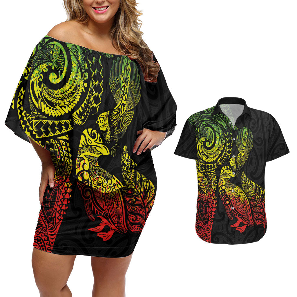 Aotearoa Moko Tribal Tattoo Couples Matching Off Shoulder Short Dress and Hawaiian Shirt New Zealand Maori Penguin and Fantail Reggae Style LT03 Multicolor - Polynesian Pride