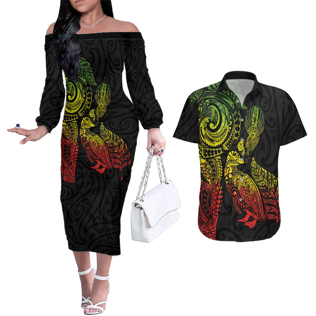 Aotearoa Moko Tribal Tattoo Couples Matching Off The Shoulder Long Sleeve Dress and Hawaiian Shirt New Zealand Maori Penguin and Fantail Reggae Style
