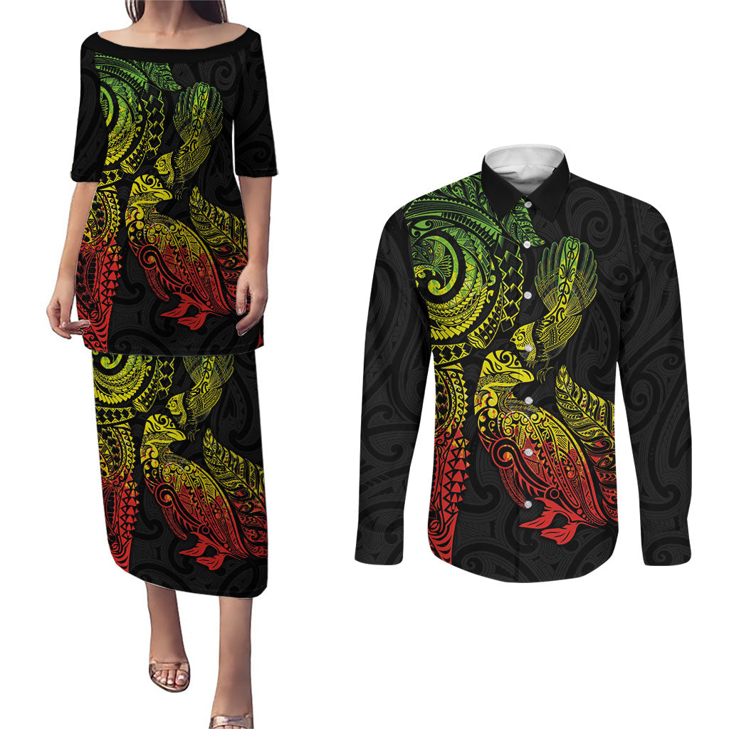 Aotearoa Moko Tribal Tattoo Couples Matching Puletasi and Long Sleeve Button Shirt New Zealand Maori Penguin and Fantail Reggae Style