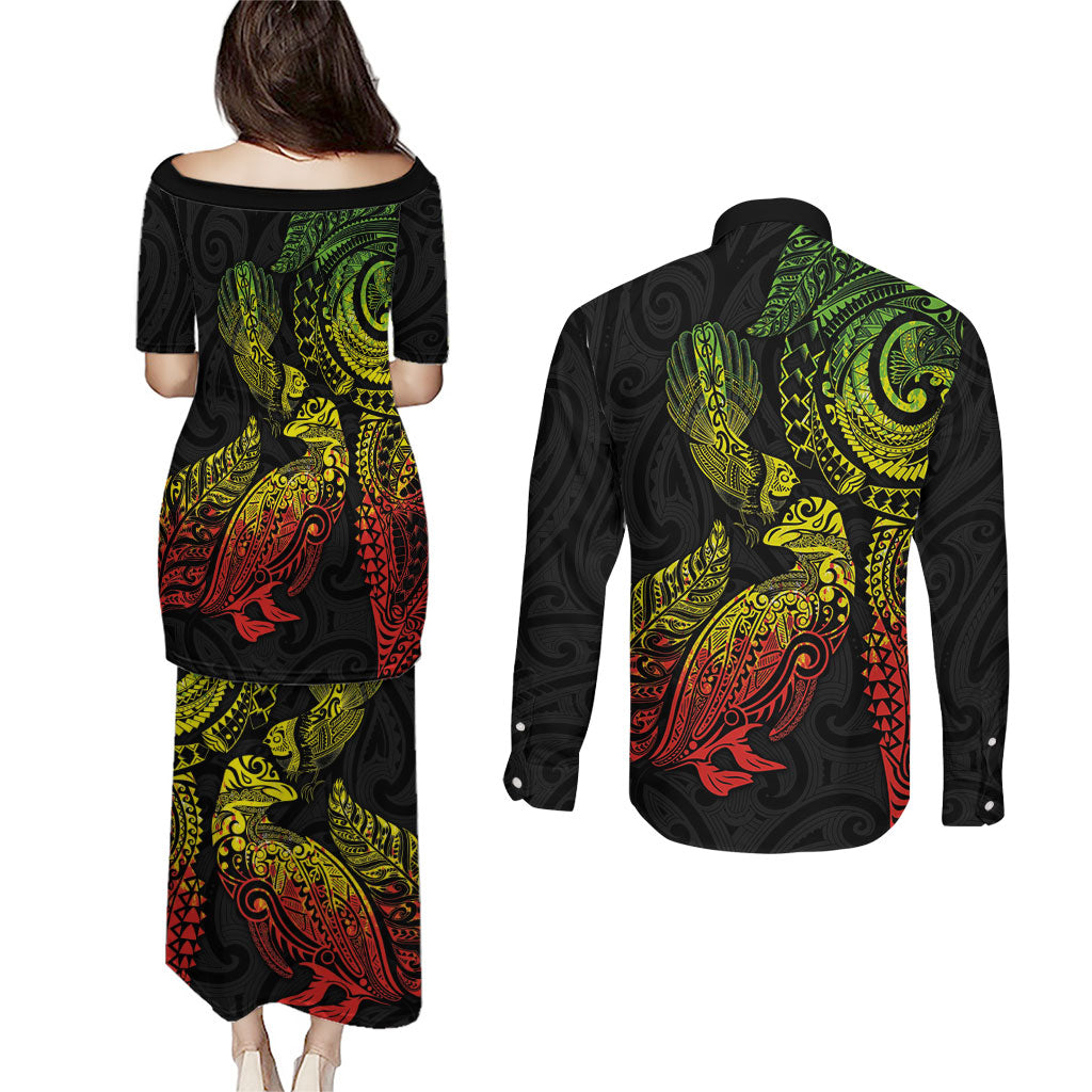 Aotearoa Moko Tribal Tattoo Couples Matching Puletasi and Long Sleeve Button Shirt New Zealand Maori Penguin and Fantail Reggae Style LT03 - Polynesian Pride