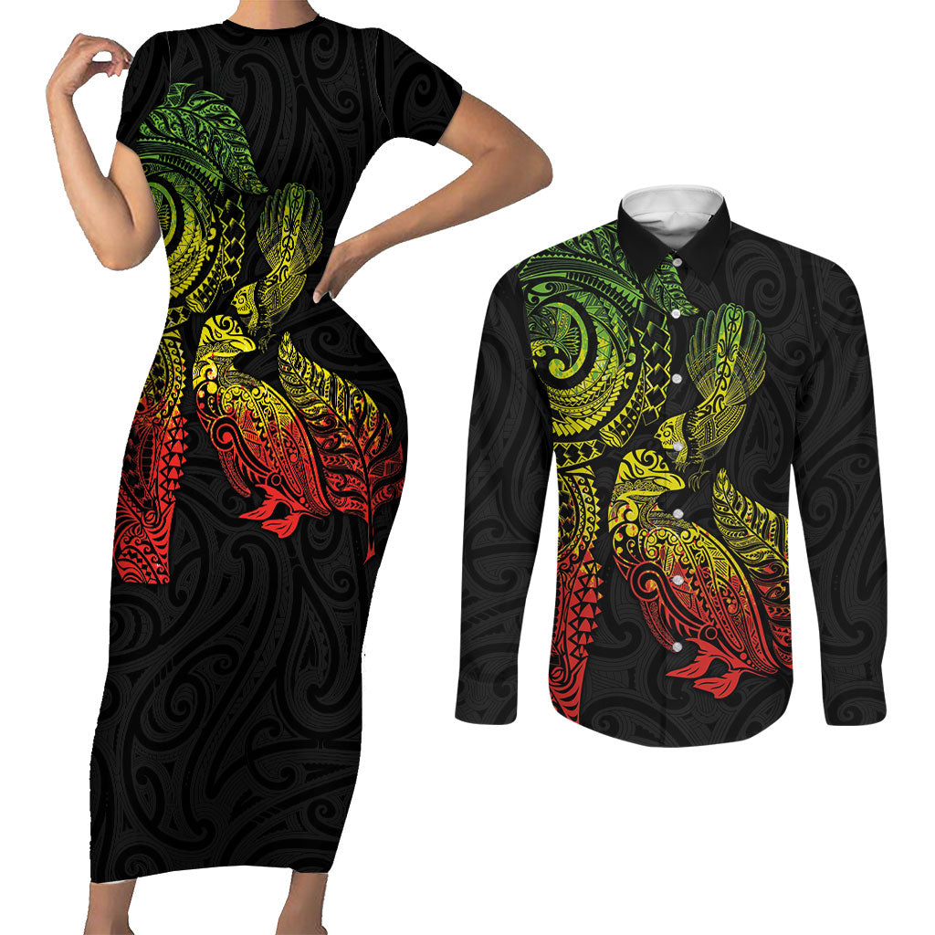 Aotearoa Moko Tribal Tattoo Couples Matching Short Sleeve Bodycon Dress and Long Sleeve Button Shirt New Zealand Maori Penguin and Fantail Reggae Style