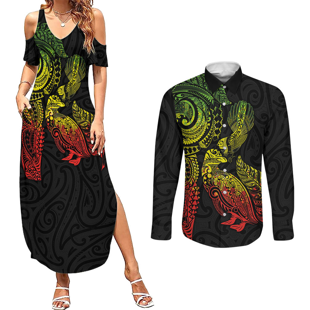 Aotearoa Moko Tribal Tattoo Couples Matching Summer Maxi Dress and Long Sleeve Button Shirt New Zealand Maori Penguin and Fantail Reggae Style LT03 Multicolor - Polynesian Pride