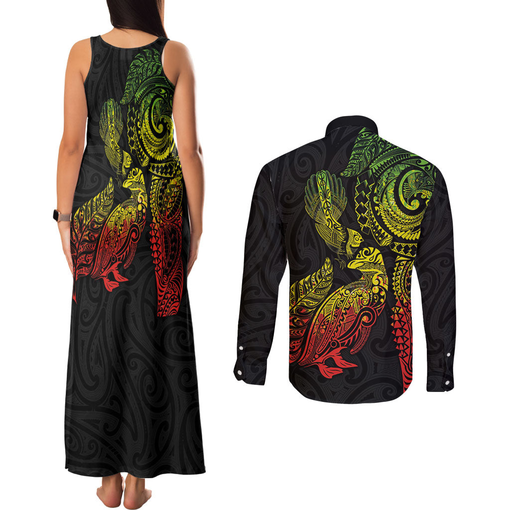 Aotearoa Moko Tribal Tattoo Couples Matching Tank Maxi Dress and Long Sleeve Button Shirt New Zealand Maori Penguin and Fantail Reggae Style LT03 - Polynesian Pride