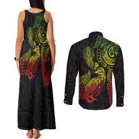 Aotearoa Moko Tribal Tattoo Couples Matching Tank Maxi Dress and Long Sleeve Button Shirt New Zealand Maori Penguin and Fantail Reggae Style LT03 - Polynesian Pride