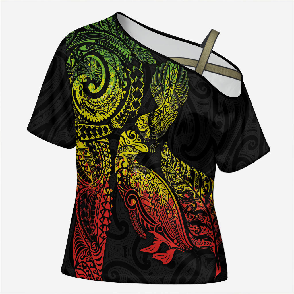 Aotearoa Moko Tribal Tattoo Cross Shoulder Shirt New Zealand Maori Penguin and Fantail Reggae Style