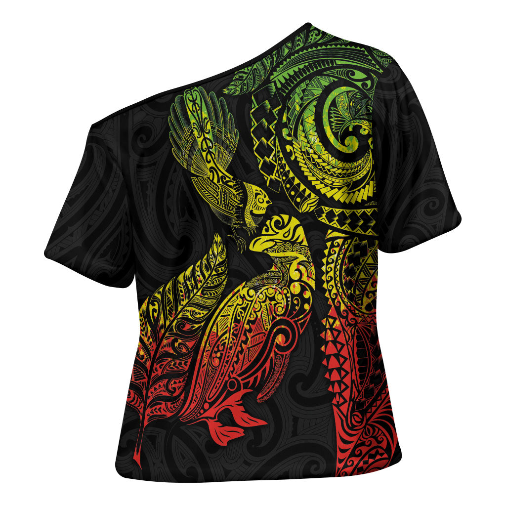 Aotearoa Moko Tribal Tattoo Cross Shoulder Shirt New Zealand Maori Penguin and Fantail Reggae Style LT03 - Polynesian Pride