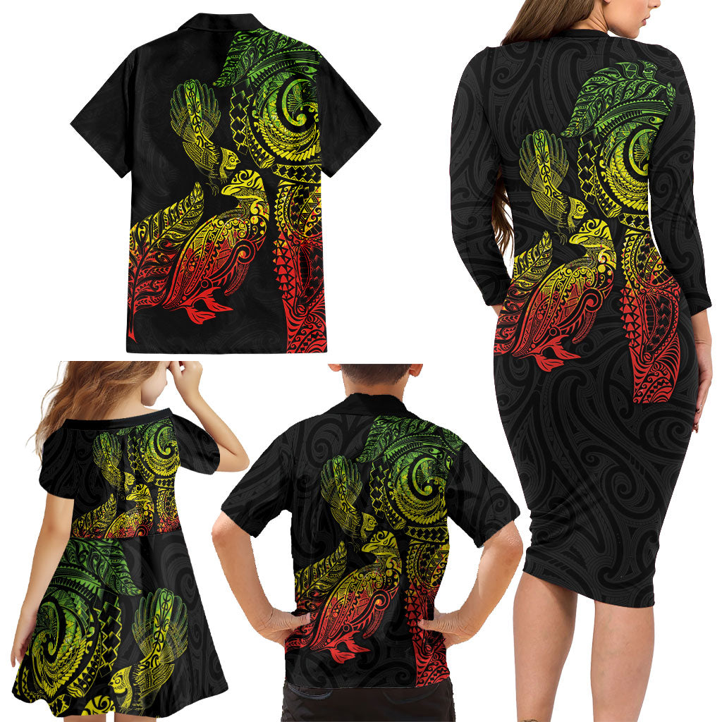 Aotearoa Moko Tribal Tattoo Family Matching Long Sleeve Bodycon Dress and Hawaiian Shirt New Zealand Maori Penguin and Fantail Reggae Style LT03 - Polynesian Pride