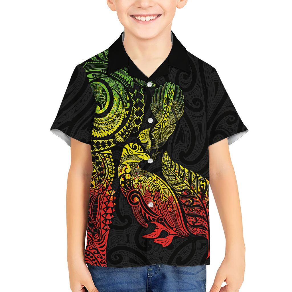 Aotearoa Moko Tribal Tattoo Family Matching Long Sleeve Bodycon Dress and Hawaiian Shirt New Zealand Maori Penguin and Fantail Reggae Style LT03 Son's Shirt Multicolor - Polynesian Pride