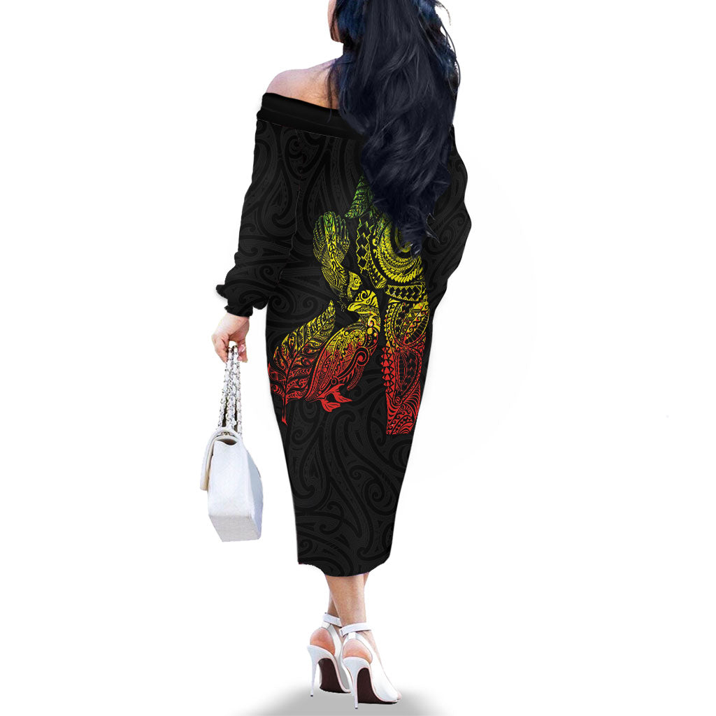 Aotearoa Moko Tribal Tattoo Family Matching Off The Shoulder Long Sleeve Dress and Hawaiian Shirt New Zealand Maori Penguin and Fantail Reggae Style LT03 - Polynesian Pride