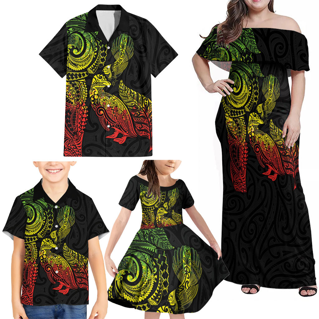 Aotearoa Moko Tribal Tattoo Family Matching Off Shoulder Maxi Dress and Hawaiian Shirt New Zealand Maori Penguin and Fantail Reggae Style LT03 - Polynesian Pride