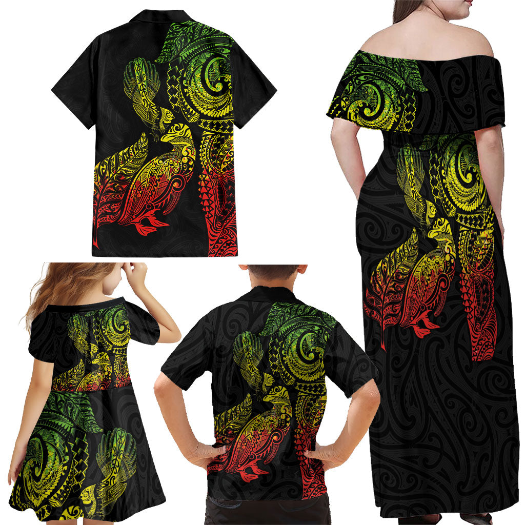 Aotearoa Moko Tribal Tattoo Family Matching Off Shoulder Maxi Dress and Hawaiian Shirt New Zealand Maori Penguin and Fantail Reggae Style LT03 - Polynesian Pride