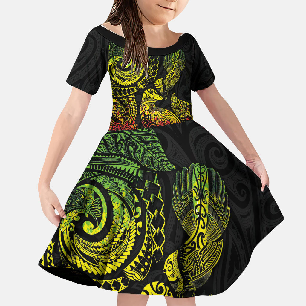 Aotearoa Moko Tribal Tattoo Family Matching Off Shoulder Short Dress and Hawaiian Shirt New Zealand Maori Penguin and Fantail Reggae Style LT03 Daughter's Dress Multicolor - Polynesian Pride