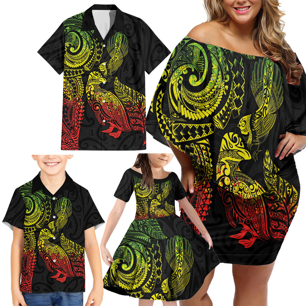 Aotearoa Moko Tribal Tattoo Family Matching Off Shoulder Short Dress and Hawaiian Shirt New Zealand Maori Penguin and Fantail Reggae Style LT03 - Polynesian Pride