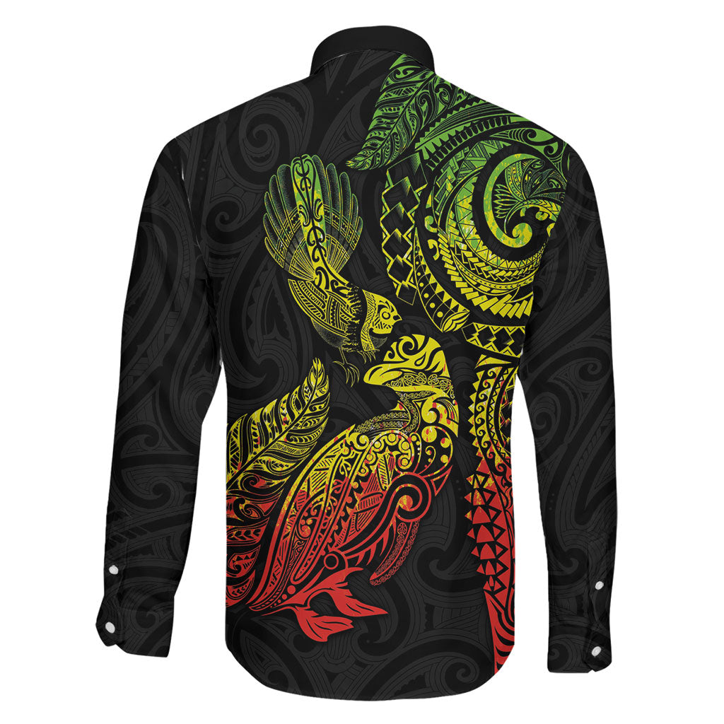 Aotearoa Moko Tribal Tattoo Family Matching Short Sleeve Bodycon Dress and Hawaiian Shirt New Zealand Maori Penguin and Fantail Reggae Style LT03 - Polynesian Pride