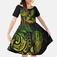Aotearoa Moko Tribal Tattoo Family Matching Summer Maxi Dress and Hawaiian Shirt New Zealand Maori Penguin and Fantail Reggae Style LT03 Daughter's Dress Multicolor - Polynesian Pride