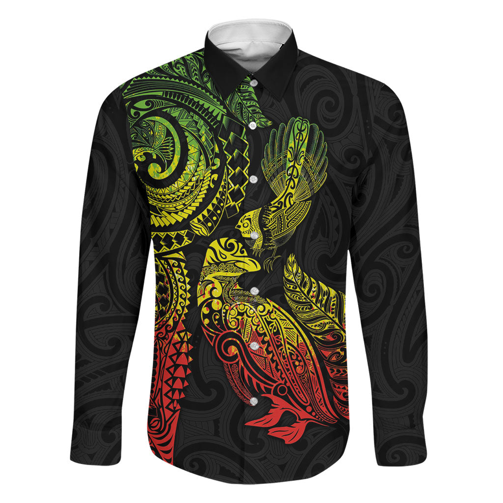 Aotearoa Moko Tribal Tattoo Family Matching Summer Maxi Dress and Hawaiian Shirt New Zealand Maori Penguin and Fantail Reggae Style LT03 Dad's Shirt - Long Sleeve Multicolor - Polynesian Pride
