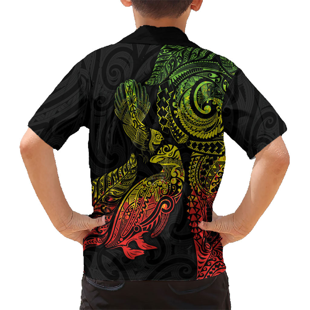 Aotearoa Moko Tribal Tattoo Kid Hawaiian Shirt New Zealand Maori Penguin and Fantail Reggae Style LT03 - Polynesian Pride