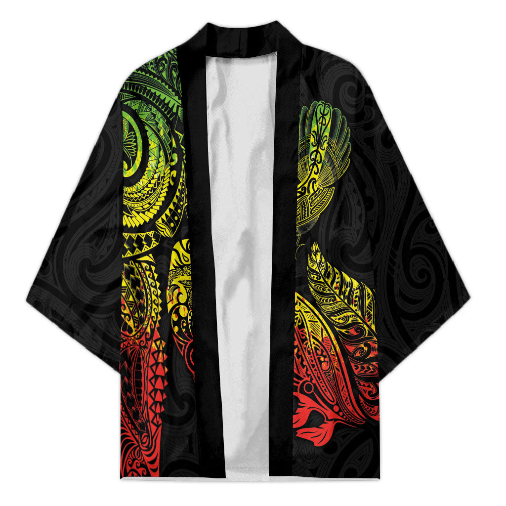 Aotearoa Moko Tribal Tattoo Kimono New Zealand Maori Penguin and Fantail Reggae Style LT03 Unisex Multicolor - Polynesian Pride