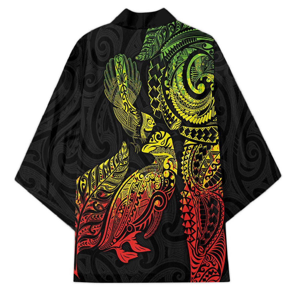 Aotearoa Moko Tribal Tattoo Kimono New Zealand Maori Penguin and Fantail Reggae Style LT03 - Polynesian Pride