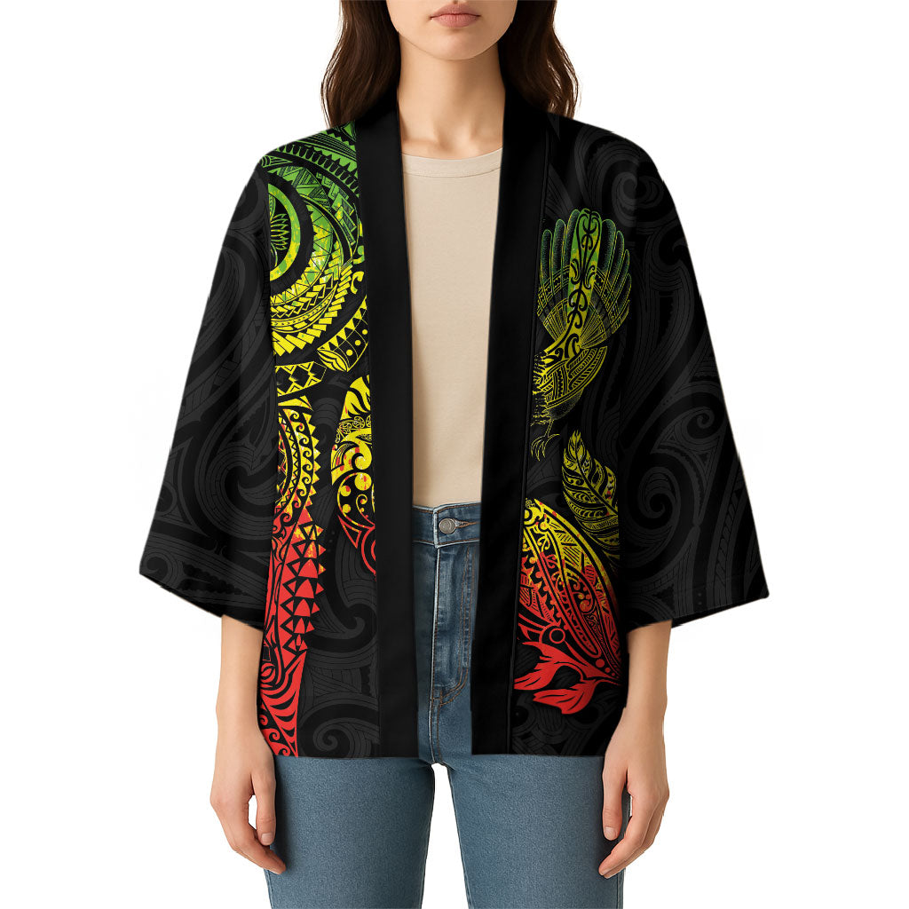 Aotearoa Moko Tribal Tattoo Kimono New Zealand Maori Penguin and Fantail Reggae Style LT03 - Polynesian Pride