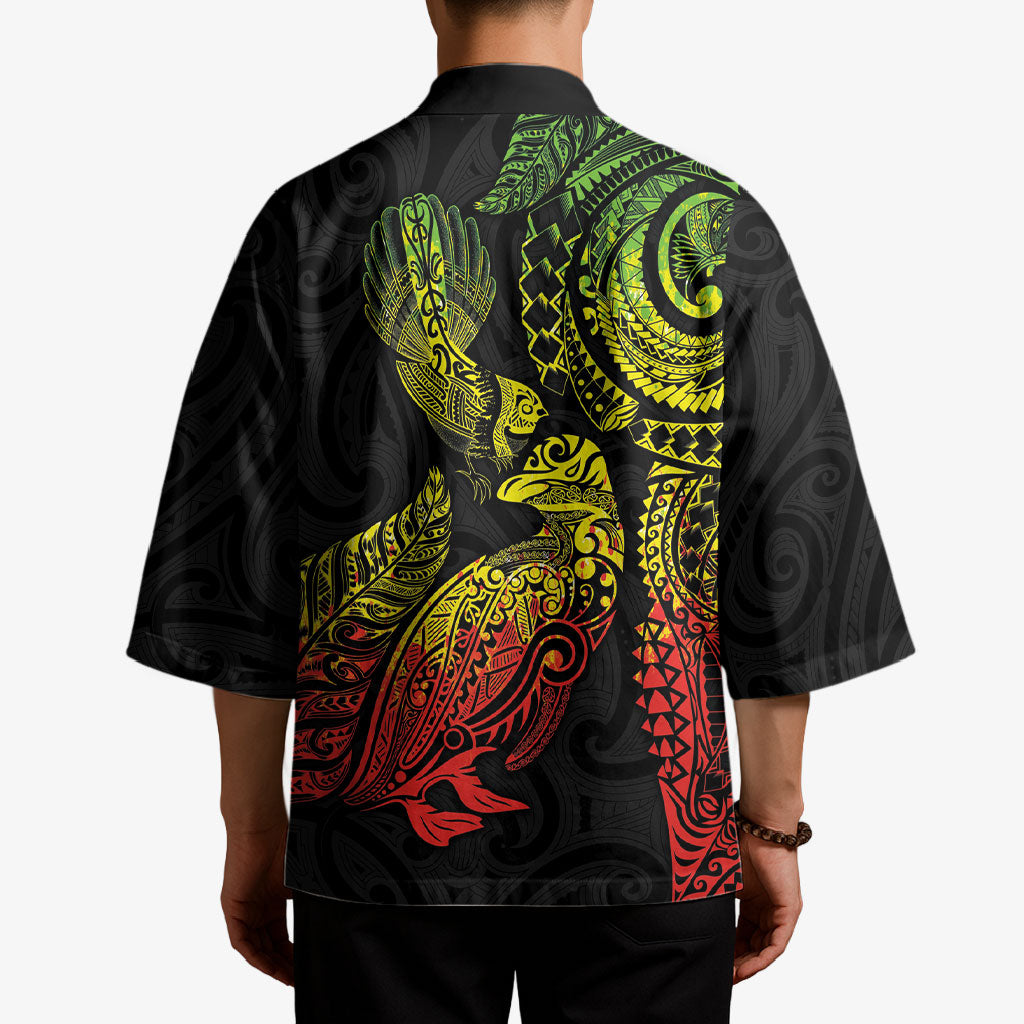 Aotearoa Moko Tribal Tattoo Kimono New Zealand Maori Penguin and Fantail Reggae Style LT03 - Polynesian Pride