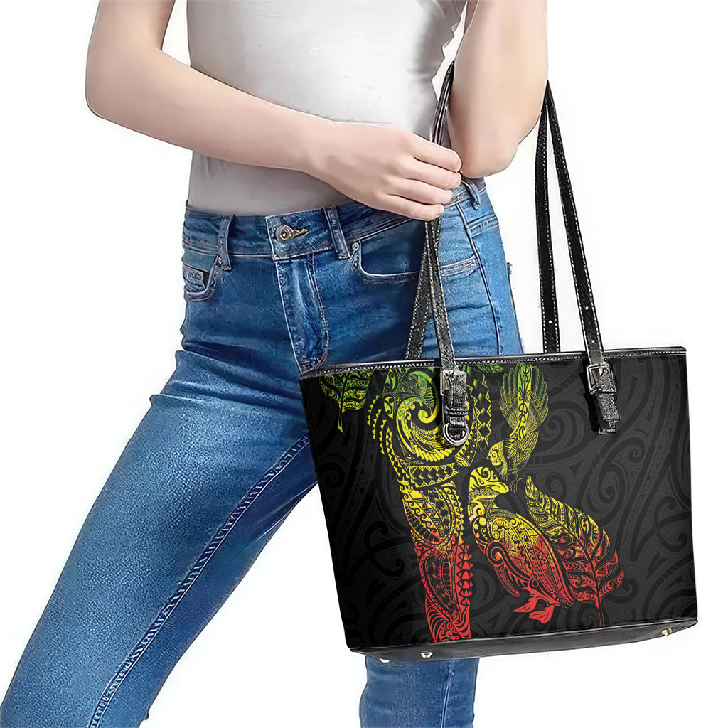 Aotearoa Moko Tribal Tattoo Leather Tote Bag New Zealand Maori Penguin and Fantail Reggae Style LT03 - Polynesian Pride
