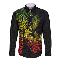 Aotearoa Moko Tribal Tattoo Long Sleeve Button Shirt New Zealand Maori Penguin and Fantail Reggae Style LT03 Unisex Multicolor - Polynesian Pride