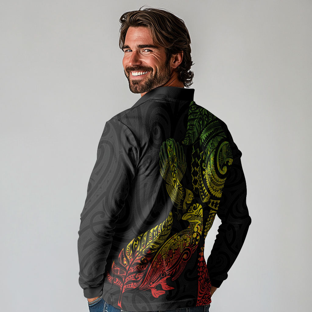 Aotearoa Moko Tribal Tattoo Long Sleeve Polo Shirt New Zealand Maori Penguin and Fantail Reggae Style LT03 - Polynesian Pride