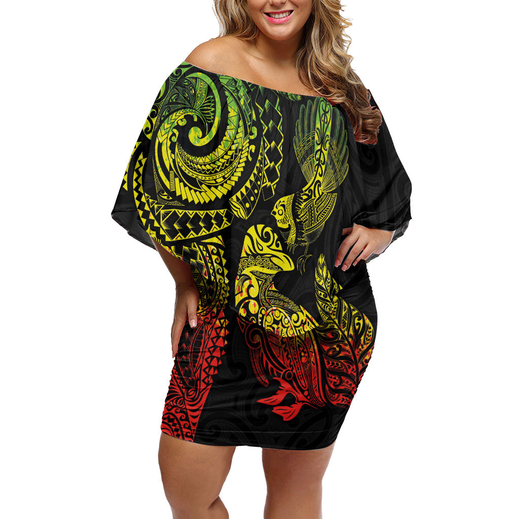 Aotearoa Moko Tribal Tattoo Off Shoulder Short Dress New Zealand Maori Penguin and Fantail Reggae Style LT03 Women Multicolor - Polynesian Pride