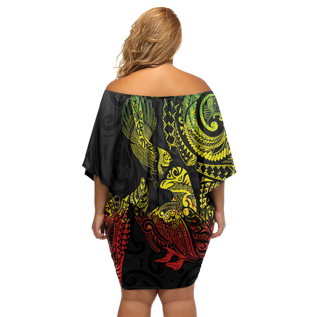 Aotearoa Moko Tribal Tattoo Off Shoulder Short Dress New Zealand Maori Penguin and Fantail Reggae Style LT03 - Polynesian Pride