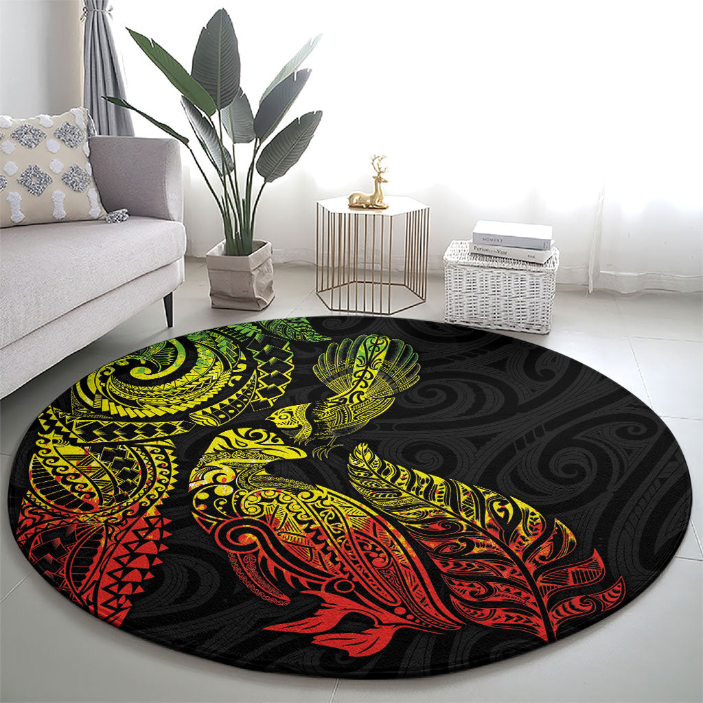 Aotearoa Moko Tribal Tattoo Round Carpet New Zealand Maori Penguin and Fantail Reggae Style LT03 - Polynesian Pride