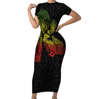 Aotearoa Moko Tribal Tattoo Short Sleeve Bodycon Dress New Zealand Maori Penguin and Fantail Reggae Style LT03 Long Dress Multicolor - Polynesian Pride