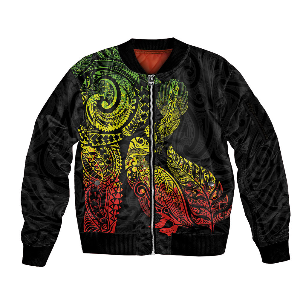 Aotearoa Moko Tribal Tattoo Sleeve Zip Bomber Jacket New Zealand Maori Penguin and Fantail Reggae Style