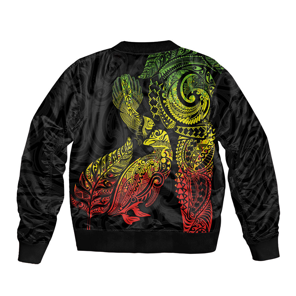 Aotearoa Moko Tribal Tattoo Sleeve Zip Bomber Jacket New Zealand Maori Penguin and Fantail Reggae Style LT03 - Polynesian Pride