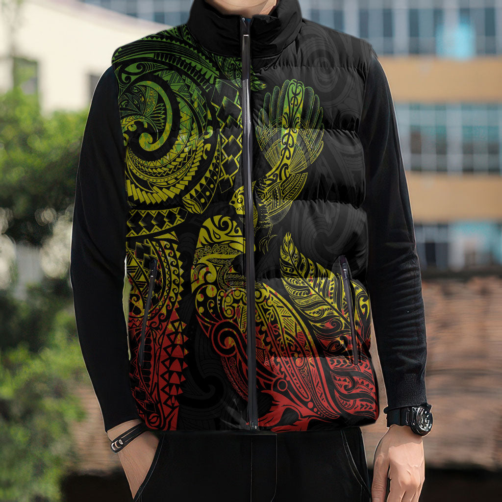 Aotearoa Moko Tribal Tattoo Sleeveless Puffer Jacket New Zealand Maori Penguin and Fantail Reggae Style LT03 - Polynesian Pride